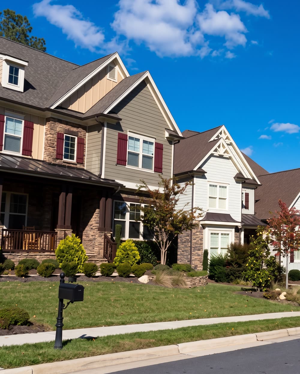 Suburban street with gabled houses, front lawns and a mailbox